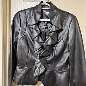 Elegant Black Ruffled Women's gen lthr Jacket